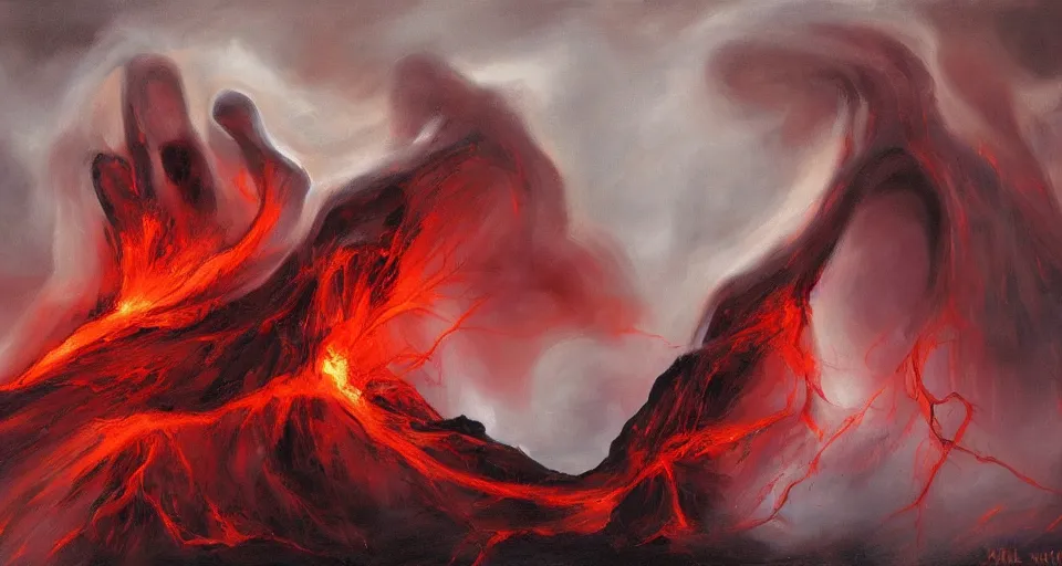 Image similar to a volcano made of ivory vines and crimson rocks enters in eruption, it spits a smoke in the shape of demonic eye, by Emilia Wilk