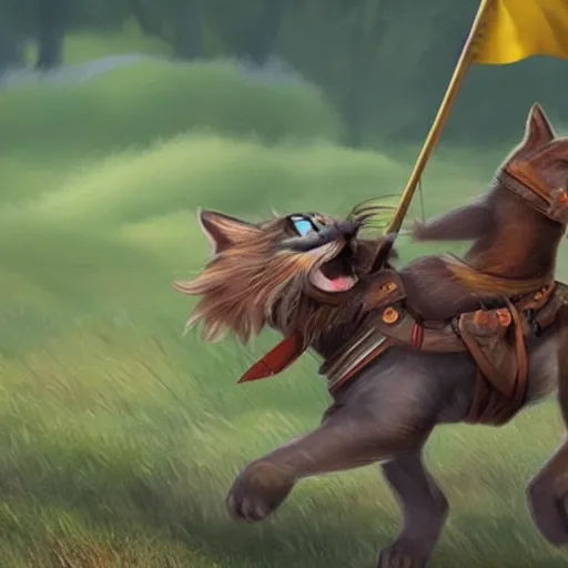 Image similar to a small warrior cat carrying his battle flag while riding a large cat steed that is galloping into battle