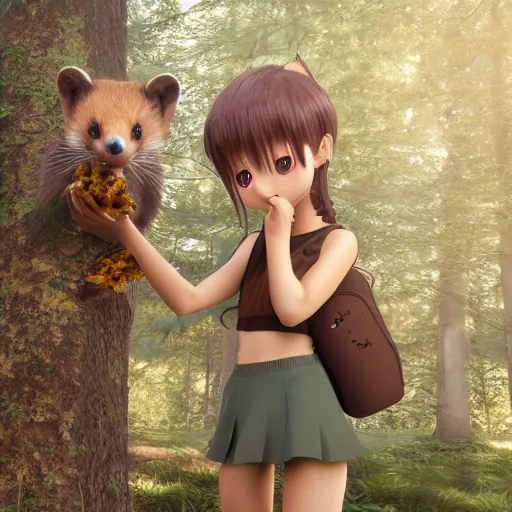 Prompt: Render of a realistic cute anime girl holding a pine marten, 4k, trending on arstation, CGsociety, octane render, composition