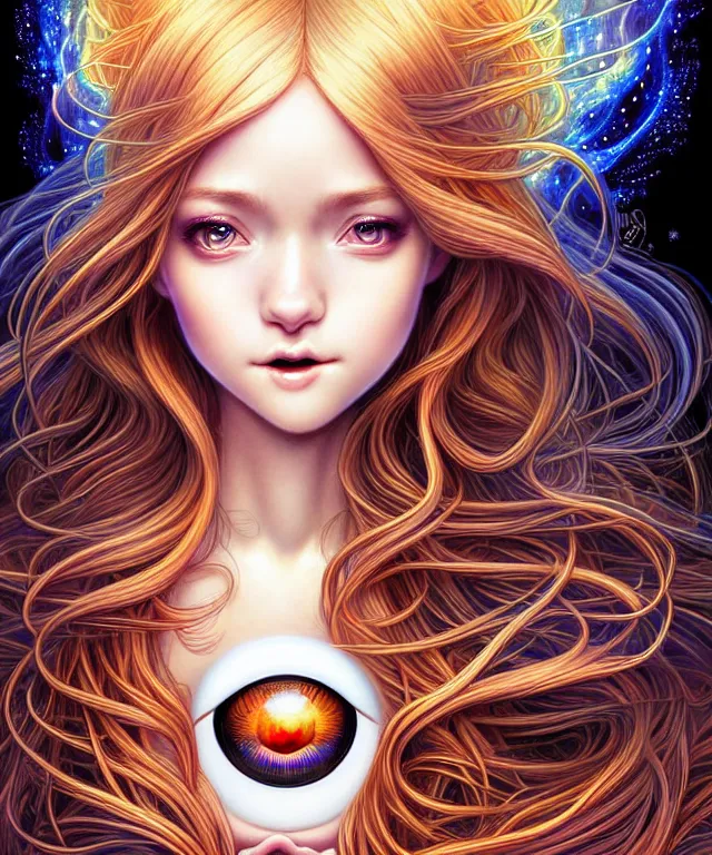 Prompt: Portrait of The Most Beautiful Woman On Earth , D&D, very close fish eye lens view of the eye with reflections of fire fantasy, intricate, richly detailed colored 3D illustration of a beautiful ornated cute body with long metallic hair wearing a hoodie and short skirt that is happy and curious. background with completely rendered reflections, art by Range Murata and Artgerm highly detailed, digital painting, trending on artstation, sharp focus, illustration, style of Stanley Artgerm, perfect smile and tooth, sexy eyes,