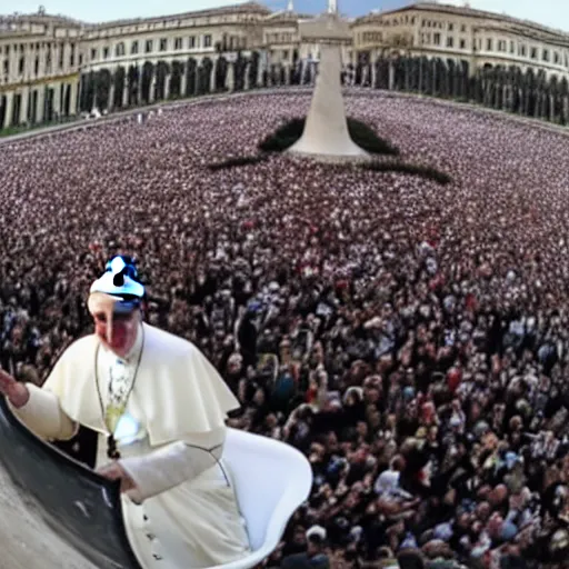 Image similar to fisheye lens image of the pope riding a skateboard