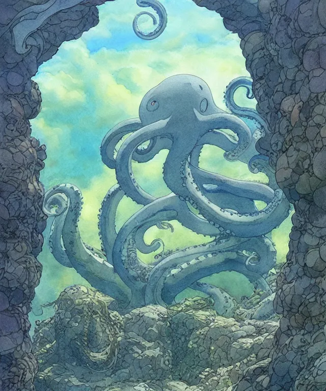 Image similar to a hyperrealist studio ghibli watercolor fantasy concept art of a giant grey octopus building stonehenge underwater. by rebecca guay, michael kaluta, charles vess