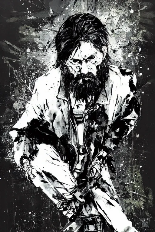 Image similar to Grigori Rasputin riding a skateboard in the style of yoji shinkawa and ashley wood, splatters, detailed