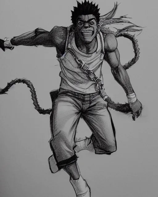 Image similar to a very detailed pencil drawing of kodak black in demon slayer manga panel, action lines, greg rutkowski, in field high resolution, dynamic pose, landscape, medium portrait, action, hyper realistic, manga, koyoharu gotouge, sakuga