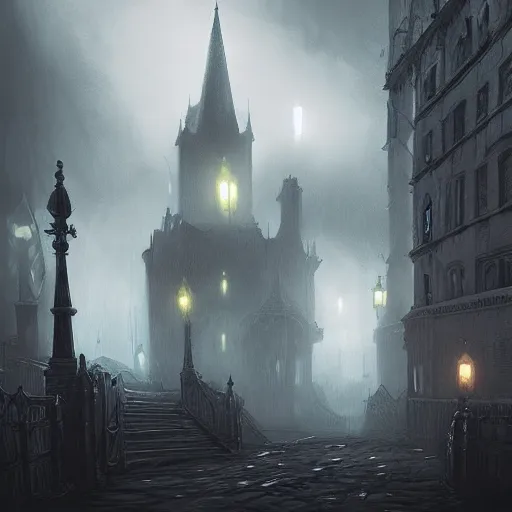 Prompt: dark fantasy Victorian city, digital art, concept art, trending on artstation, highly detailed, grim atmosphere, volumetric lighting