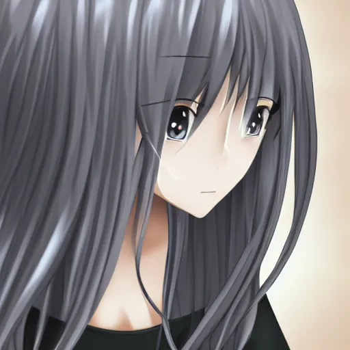 Prompt: shy anime girl with long gray hair