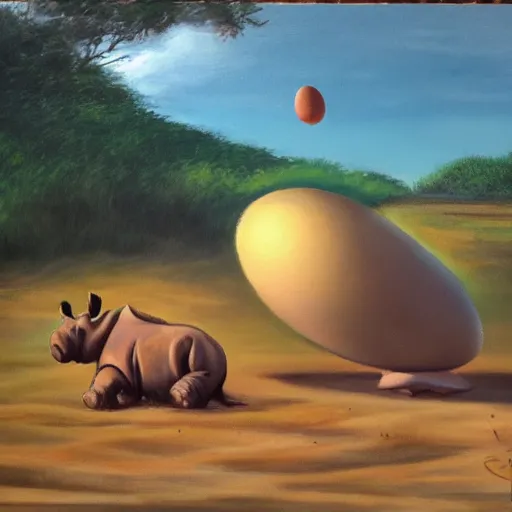 Image similar to oil on canvas of, rhinoceros hatching an egg in hawaii