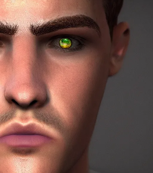 Prompt: photo realistic render of the most handsome young man in the world, he is seductive, beautiful, perfect and has multicoloured eyes that shine