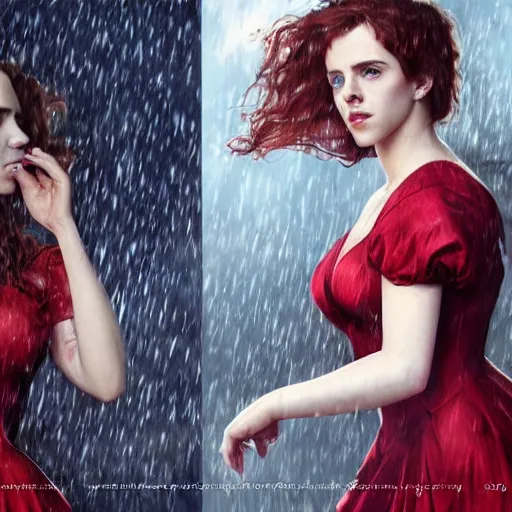 Image similar to a highly detailed portrait of scarlett johansson and emma watson and christina hendricks as polyamorous red haired vampire queens kissing in the rain and wearing a blood red dress, epic fantasy, viewed in profile from far away, ultrawide lens, art by artgerm and greg rutkowski and alphonse mucha, volumetric lighting, 4 k resolution, trending on artstation, masterpiece