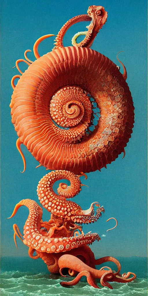 Image similar to portrait of the ammonite skeksis supermodel clad in coral armor biting into a juicy squid, by kawase hasui, dorothea tanning, moebius, edward hopper and james gilleard, aivazovsky, zdzislaw beksinski, steven outram colorful flat surreal design