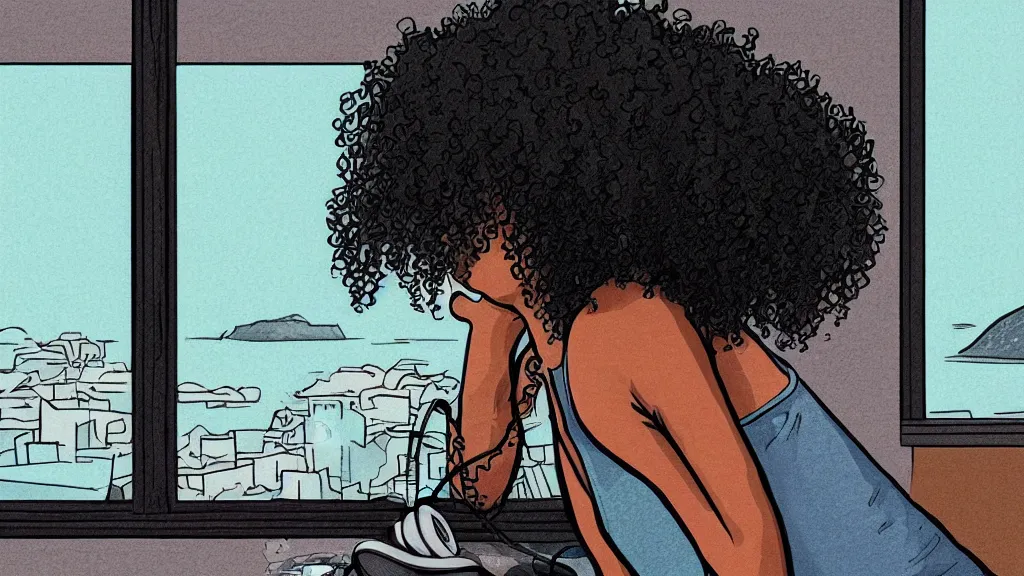 Image similar to black girl, curly hair, with headphones, studying in bedroom, window with rio de janeiro view, lo-fi illustration style, digital art, alive colors