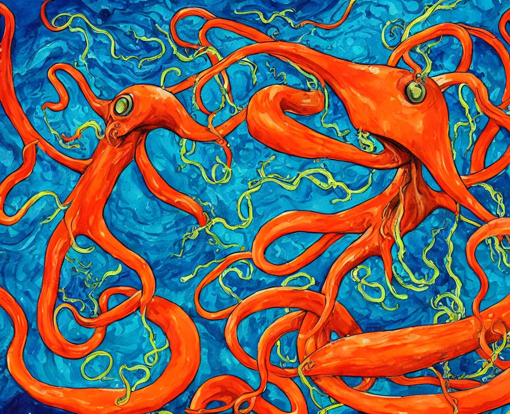 Image similar to a painting of a giant squid with evil tentacles menacing the world, saturated color scheme