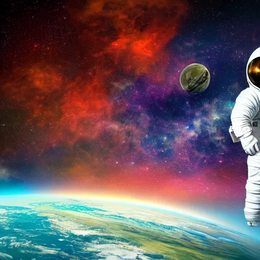 Prompt: an astronaut abserving a beautiful vista on an strange colorful world