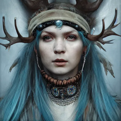 Image similar to A young female shaman, blue hair and antlers on her head. blindfolded, heilung, in the style of Heather Theurer, headshot photoshoot, insanely detailed and intricate, beautiful, elegant, cinematic toplight, portrait, headroom, artstation, made by karol bak