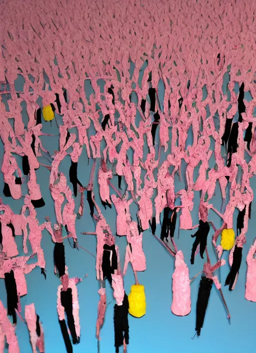 Image similar to room full of giant sakura people made out of huge pipecleaners in the style of Jean-Michel Basquiat, 3D cinematic lighting, spotlight at a 90 DEGREE ANGLE, photorealism, octane render, depth of field, 8k, 35mm, artgem, Trending on artstation