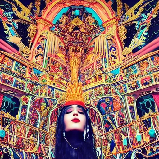 Prompt: full body of a beautiful girl with pale skin and very black hair with a crown on her head, dramatic, editorial photography, cool color palette, neon, light blue background, angelic, in a symbolic and meaningful style, insanely detailed and intricate, hypermaximalist, elegant, ornate, hyper realistic, super detailed, a wood in background full of tombs