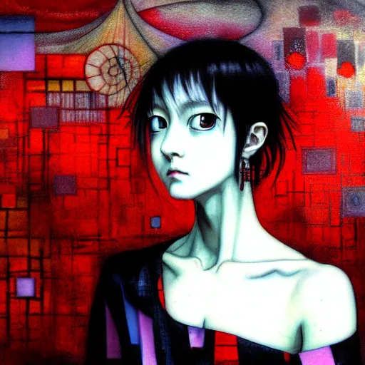 Image similar to yoshitaka amano blurred and dreamy realistic three quarter angle horror portrait of a sinister young woman with short hair, big earrings and red eyes wearing office suit with tie, junji ito abstract patterns in the background, satoshi kon anime, noisy film grain effect, highly detailed, renaissance oil painting, weird portrait angle, blurred lost edges