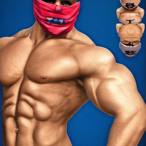 Image similar to muscular wrestler, bald, eyepatch, blue mask covering mouth, realistic,