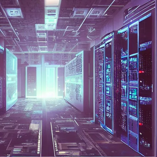 Image similar to “looking out over a 3D model of a cyberpunk city. Scene rendered inside of a large server room. The computer servers are actually the buildings in the city.”