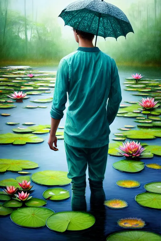 Image similar to light teal portrait of a young man in the rain on pond with waterlilies, fantasy, intricate, elegant, dramatic lighting, emotionally evoking symbolic metaphor, highly detailed, lifelike, photorealistic, digital painting, artstation, concept art, smooth, sharp focus, illustration, art by John Collier and Albert Aublet and Krenz Cushart and Artem Demura and Alphonse Mucha