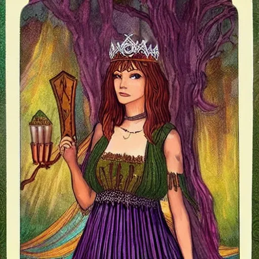 Prompt: A beautiful Queen of the Fae with brown hair wearing a pleated green dress and a silver diadem, Tarot card art