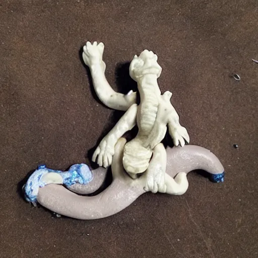 Image similar to a tiny clay model of a dragon protecting its treasure pile, bones scattered across the cave floor, resin and clay art.