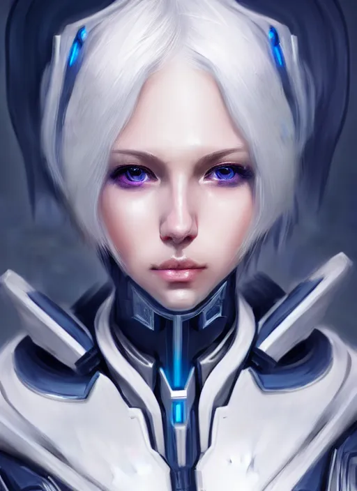 Image similar to detailed portrait of perfect white haired girl, android, warframe armor, beautiful, pretty face, blue cyborg eyes, innocent, scifi, 4 k, sun yunjoo, ultra realistic, aura of light, cinematic lighting, highly detailed, sharp focus, artstation, masterpiece, art by hyungjin yang