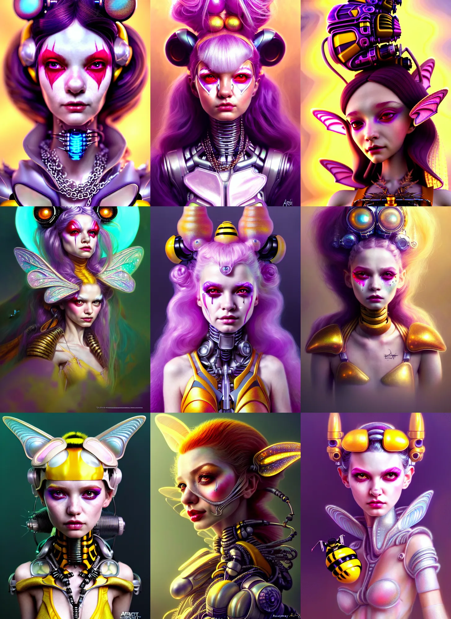 Prompt: disney weta portrait, soft lustrous biotech raver white clowncore bumblebee chain cyborg, hi - fructose, sci - fi fantasy cyberpunk intricate decadent highly - detailed digital painting, ever after high, octane render, artstation, concept art, smooth, sharp focus, illustration, art by artgerm, mucha, loish, wlop