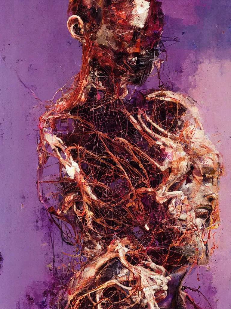 Image similar to a beautiful glitched painting by robert proch of an anatomy study of the human nervous system, color bleeding, pixel sorting, copper oxide and rust materials, brushstrokes by jeremy mann, cold top lighting, pastel purple background