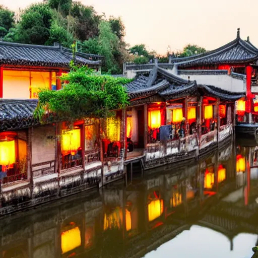 Image similar to beautiful and peaceful ancient water town in the south of china, zhouzhuang ancient town, movie style, warm color to move, boats, evening lanterns, the glow of the sunset on the water, high detailed, 4 k