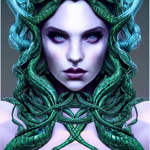 Prompt: detailed portrait of the dark queen of snakes, realism, dim moonlight, pale blue, emerald, sapphire, wearing a crown of vines and vipers, dark fantasy illustration, dramatic lighting, cgsociety, artstation