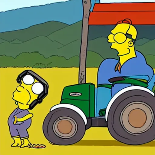 Prompt: A cyclops riding a tractor listening to AirPods in the style of the Simpsons