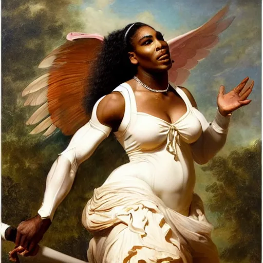 Image similar to Full body Portrait of Serena Williams as Nike Goddess, large wings, luxuriant, dreamy, eternity, romantic, strong pose, highly detailed, in the style of Franz Xaver Winterhalter, highly detailed, in the style of Aetherpunk