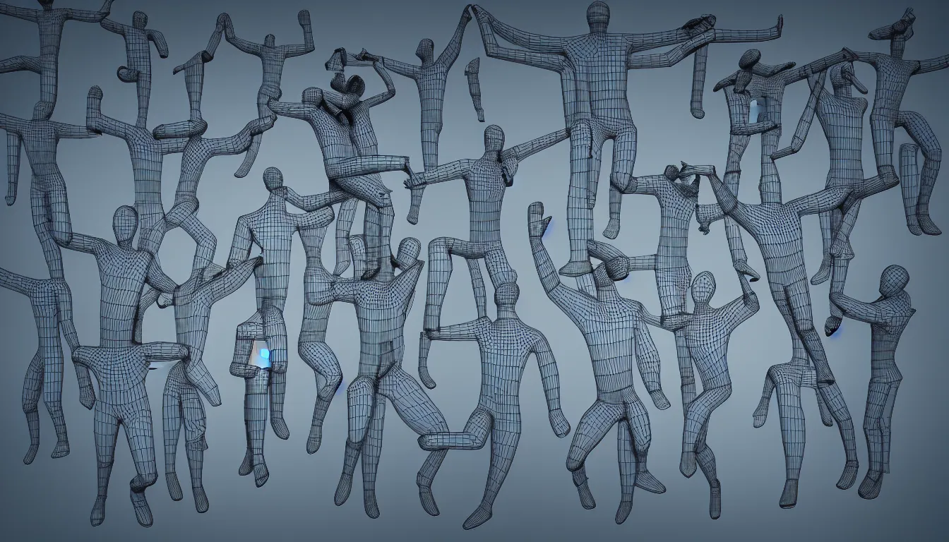 Prompt: hoards 3 d wireframe humans floating in the air, full colour, hyper realistic photo, upscale, 8 k, masterpiece,