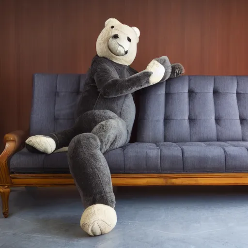 Image similar to an extremely strange looking teddy bear / mr. bean with very! very long!!!! legs on a formal couch, 4 k photo