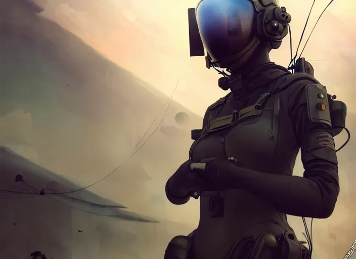 Image similar to portrait of pilot girl parachuting behind enemy lines, black sky background, chaotic landscape, illustration concept art anime key visual trending pixiv fanbox by wlop and greg rutkowski and makoto shinkai and studio ghibli and kyoto animation, kaki body suit, wires, odst, oxygen mask, military gear, grimdark, volumetric lighting