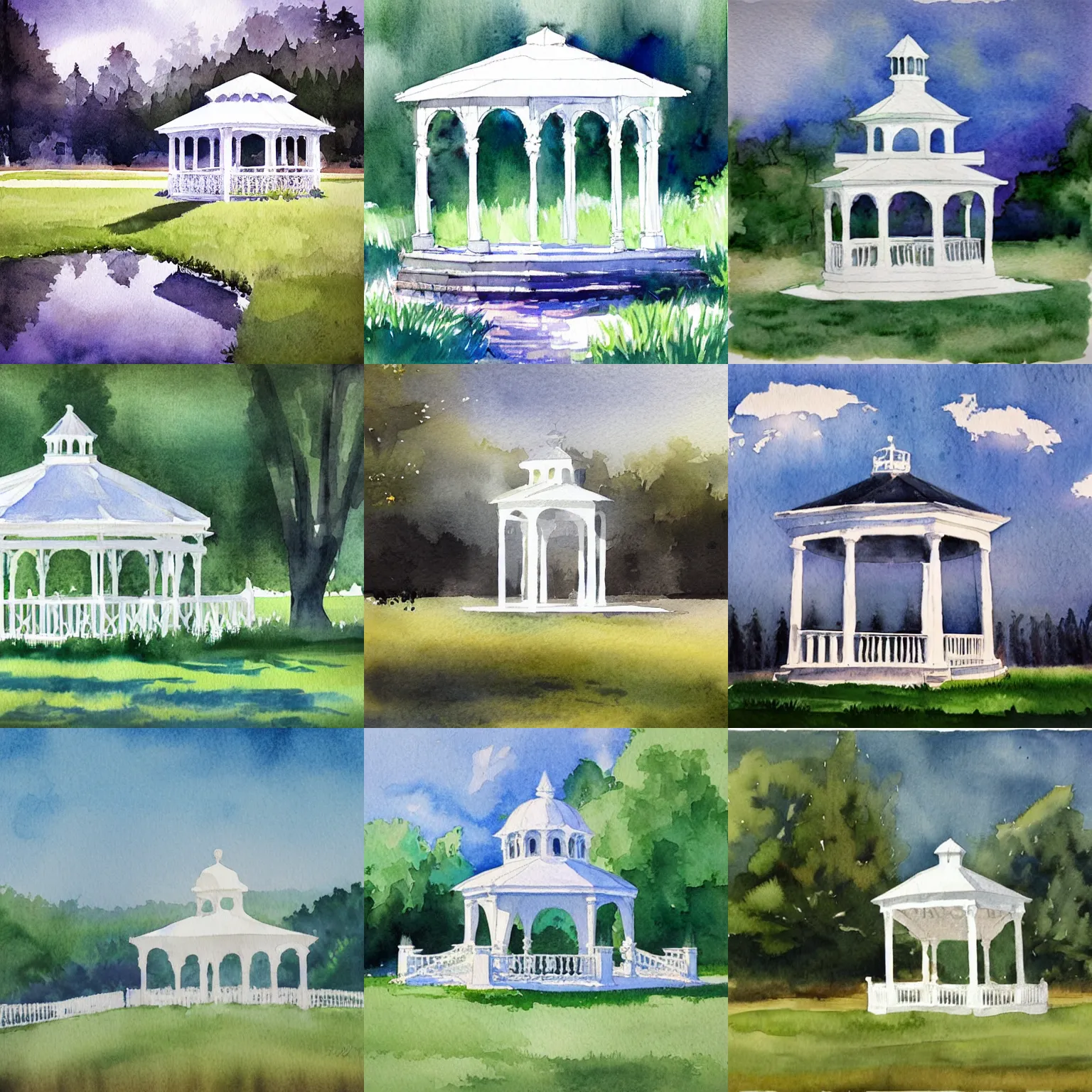 Prompt: white gazebo in the middle of a calm meadow, classical architecture, beautiful watercolor painting