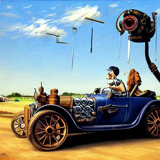 Image similar to a hyperrealistic painting of a steampunk sports car, blue skies, by john kenn mortensen, highly detailed,