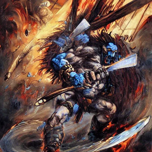 Image similar to an axe elemental, whirling energy made of axes, dramatic, cinematic, by simon bisley