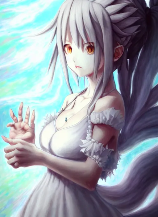 Image similar to a portrait of nekomimi wearing white dress an ultrafine detailed painting, detailed painting, detailed eyes!!, final fantasy octopath traveler lovecraft cosmic realistic hands horror