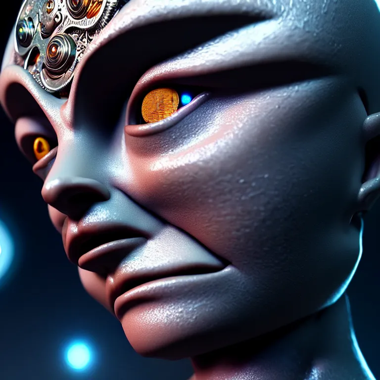 Prompt: ultra realistic beautiful cyborg deity eyes closed, fantasy, intricate details, movie still, highly detailed, photorealistic, octane render, eerie, 8k, art by raphael and michael welan