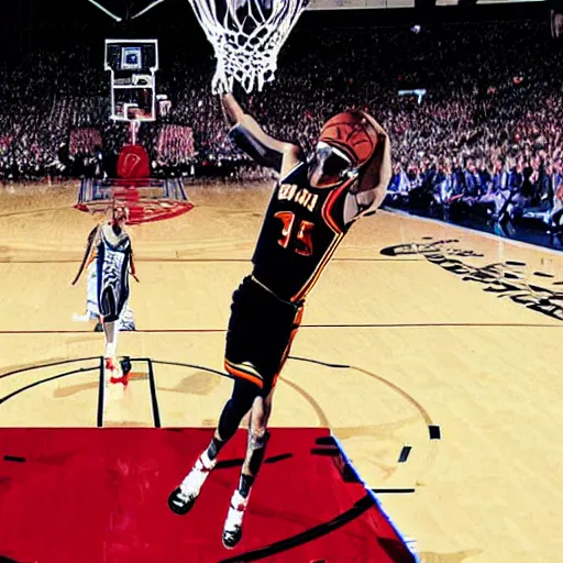 Image similar to A NBA photograph of Venom slam dunking with flames coming from the basket