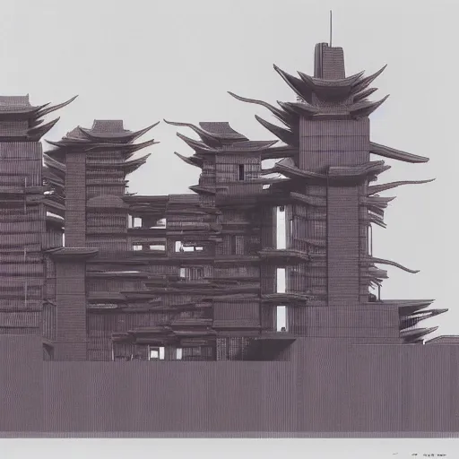 Prompt: architectural diagram of brutalist fascist cyberpunk Japanese castle by Zaha Hadid, Beksinski, Moebius, and Rutkowski