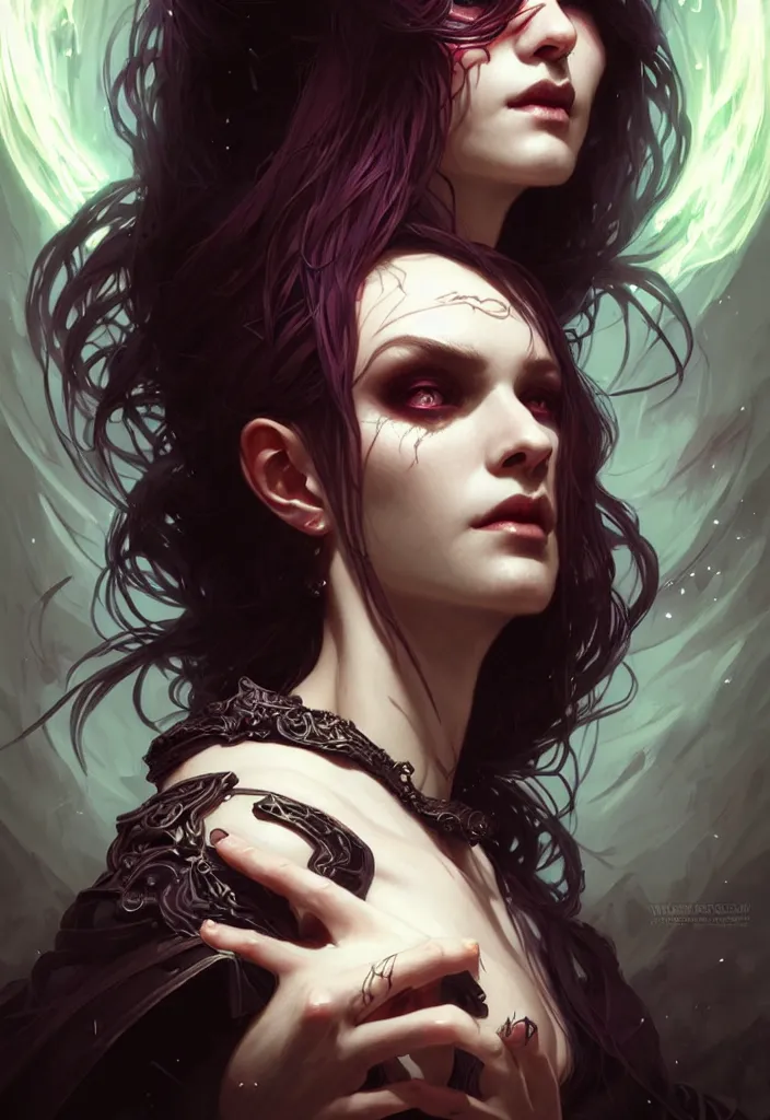 Image similar to Necromancer Sorceress face, fantasy magic, undercut hairstyle, dark light night, intricate, elegant, sharp focus, illustration, highly detailed, digital painting, concept art, matte, art by WLOP and Artgerm and Greg Rutkowski and Alphonse Mucha, masterpiece