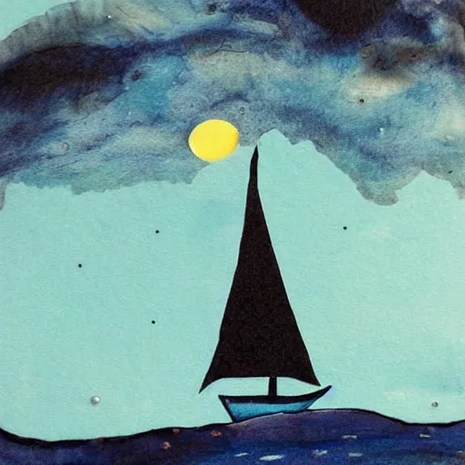 Image similar to a sailboat flying in the sky by night, mixed media, whimsical, dark vibe