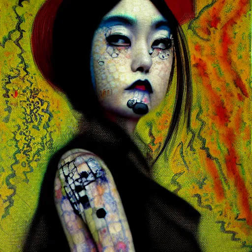 Image similar to yoshitaka amano blurred and dreamy realistic three quarter angle portrait of a young woman with black lipstick and black eyes wearing dress suit with tie, junji ito abstract patterns in the background, satoshi kon anime, noisy film grain effect, highly detailed, renaissance oil painting, weird portrait angle, blurred lost edges