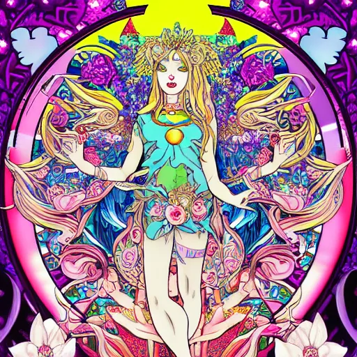 Image similar to NeoPagan Goddess of Spring, inside her temple, in a blended style by Junko Mizuno, Möbius, and Peter Chung, hyper detailed, 4k photorealistic digital art, flat colors, dramatic composition, extremely fine inking lines