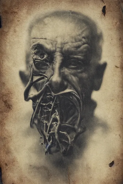 Prompt: portrait of old demon, old vintage photography, damaged photo, film artifacts, scratches, tears, high sharpness, hyperrealistic, ultra detailed, 4 k