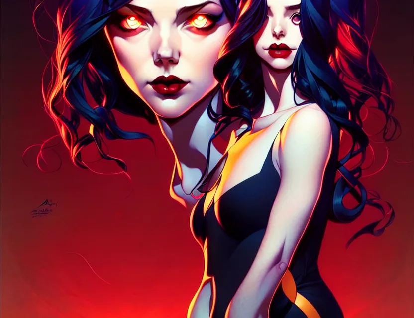 Image similar to artgerm, joshua middleton comic cover art, full body pretty kacey rohl vampire, symmetrical eyes, symmetrical face, long curly black hair, dark castle background background, cinematic lighting