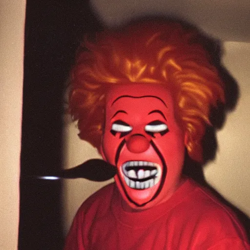 Image similar to creppy 2 0 0 1 photo of ronald mcdonald screaming in a dark room